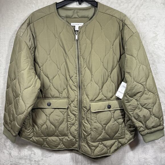 And Now This Women Jacket NEW Plus 2X Green Reversible Collarless Quilted Nylon - Picture 1 of 11
